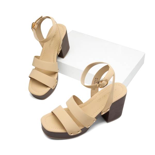 Platform Wood Grain Pattern Heel Sandals - NUDE-NUBUCK - 6