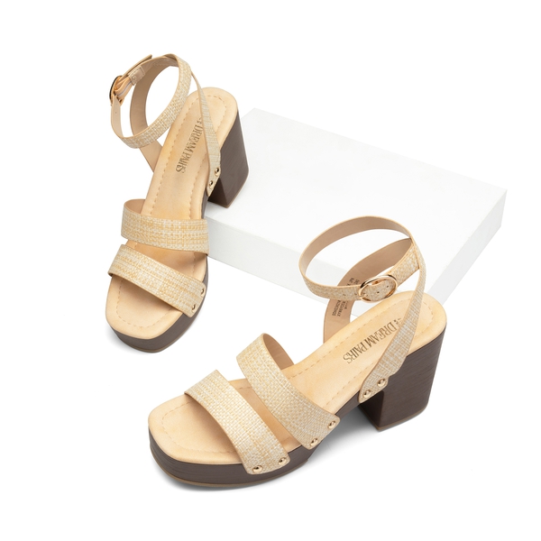 Platform Wood Grain Pattern Heel Sandals - NUDE-WOVEN - 6