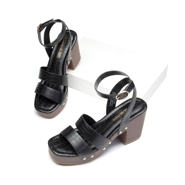 Platform Wood Grain Pattern Heel Sandals - BLACK-STONE - 6