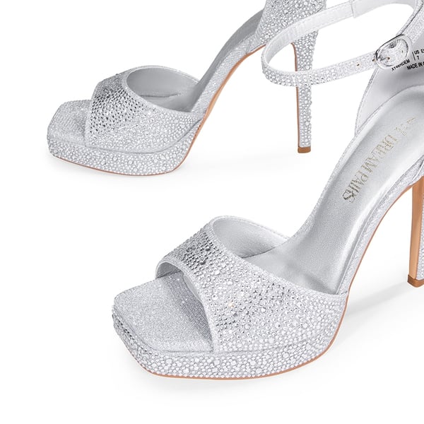Peep Toe Stiletto Heel Sandals - SILVER-RHINESTONE - 5