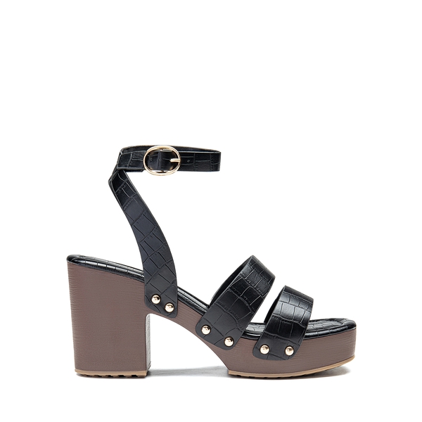 Platform Wood Grain Pattern Heel Sandals - BLACK-STONE - 3