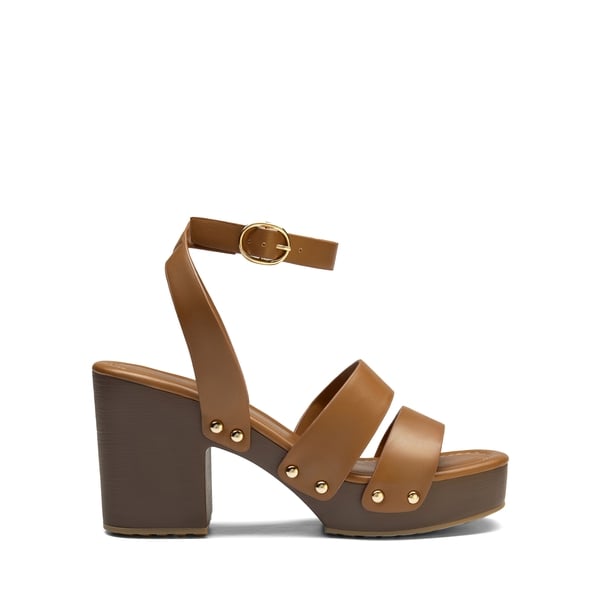 Platform Wood Grain Pattern Heel Sandals - BROWN-PU - 3