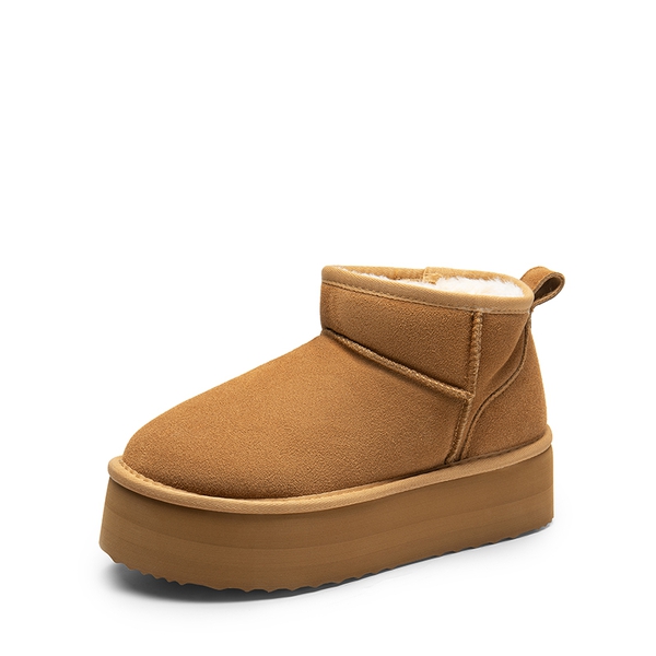 [FuzzyClassic Platform Mini Boot] Suede Platform Ankle Snow Boots - CHESTNUT -  0