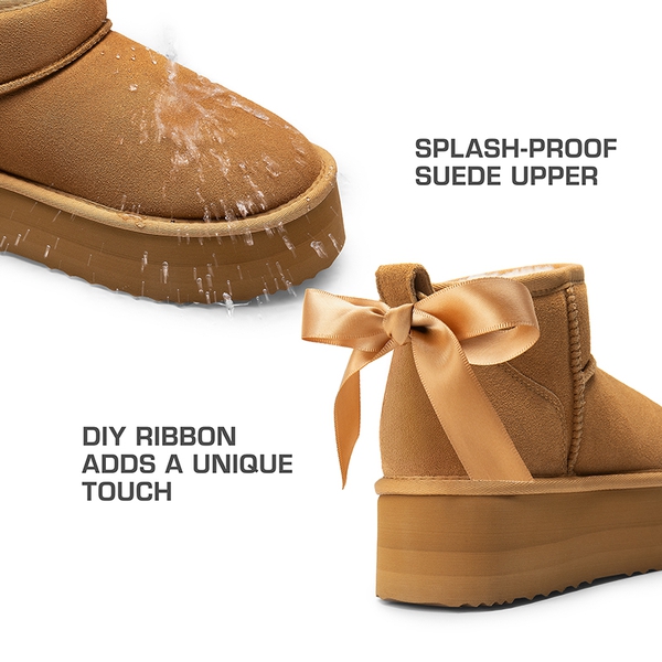 [FuzzyClassic Platform Mini Boot] Suede Platform Ankle Snow Boots - CHESTNUT - 6