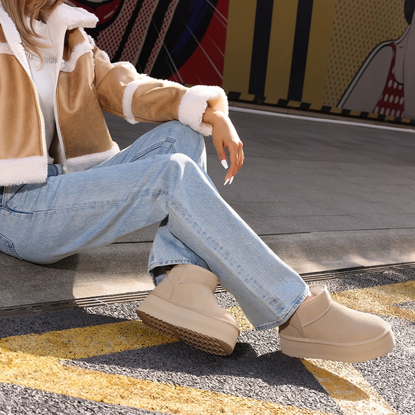 [FuzzyClassic Platform Mini Boot] Suede Platform Ankle Snow Boots - SAND - 1