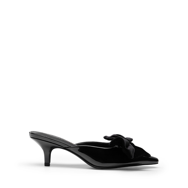 Velvet Bow Kitten Heeled Mules - BLACK - 1