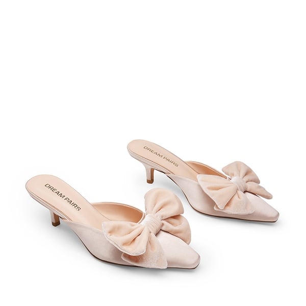 Velvet Bow Kitten Heeled Mules - CHAMPAGNE - 3