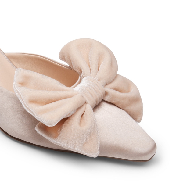 Velvet Bow Kitten Heeled Mules - CHAMPAGNE - 4