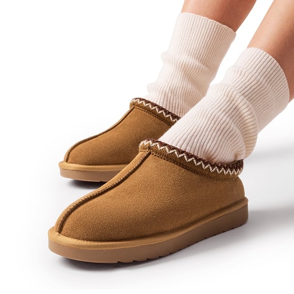 [FuzzyEasy Women's Slip-on] Embroidered Suede Fuzzy Cozy Slippers - CHESTNUT - 1