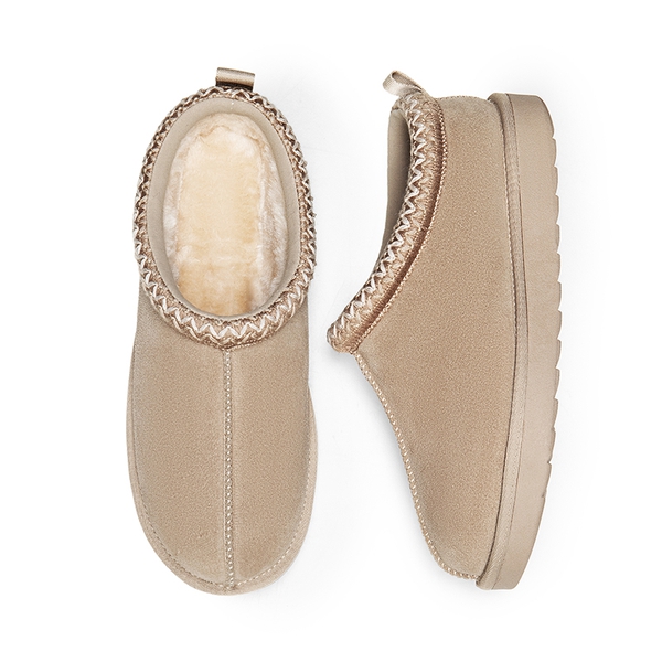 [FuzzyEasy Women's Slip-on] Embroidered Suede Fuzzy Cozy Slippers - SAND - 4