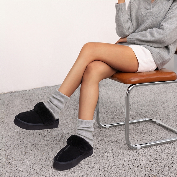 [FuzzyEasy Platform Slipper] Faux Fur Lining Platform Slippers - BLACK - 2