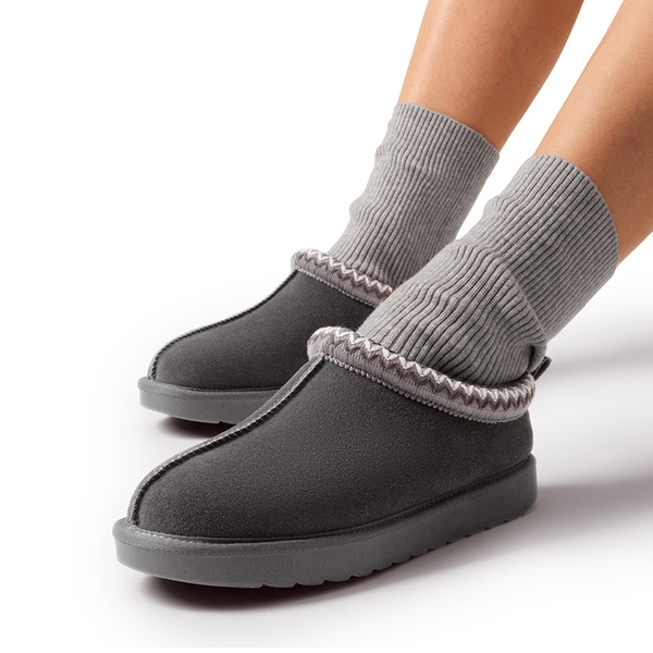 [FuzzyEasy Women's Slip-on] Embroidered Suede Fuzzy Cozy Slippers - GREY - 1