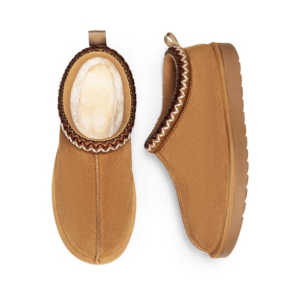 [FuzzyEasy Women's Slip-on] Embroidered Suede Fuzzy Cozy Slippers - CHESTNUT - 4