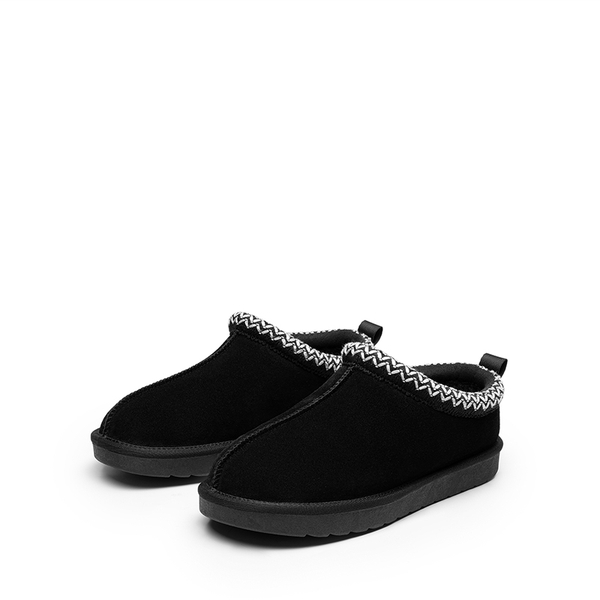 [FuzzyEasy Women's Slip-on] Embroidered Suede Fuzzy Cozy Slippers - BLACK - 5