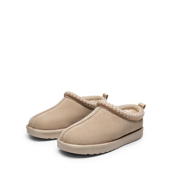 [FuzzyEasy Women's Slip-on] Embroidered Suede Fuzzy Cozy Slippers - SAND - 5