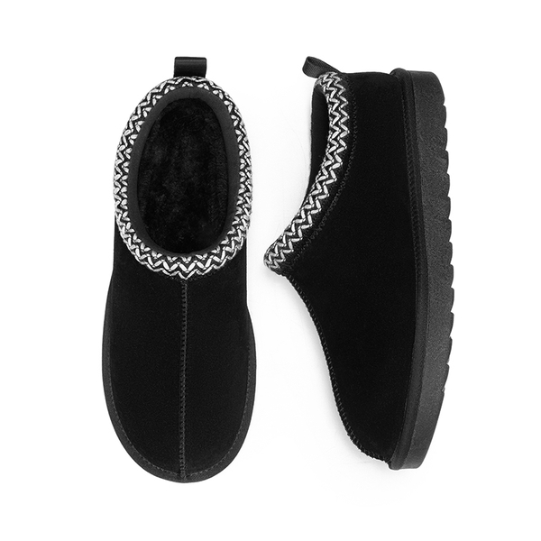 [FuzzyEasy Women's Slip-on] Embroidered Suede Fuzzy Cozy Slippers - BLACK - 4