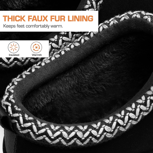 [FuzzyEasy Women's Slip-on] Embroidered Suede Fuzzy Cozy Slippers - BLACK - 8