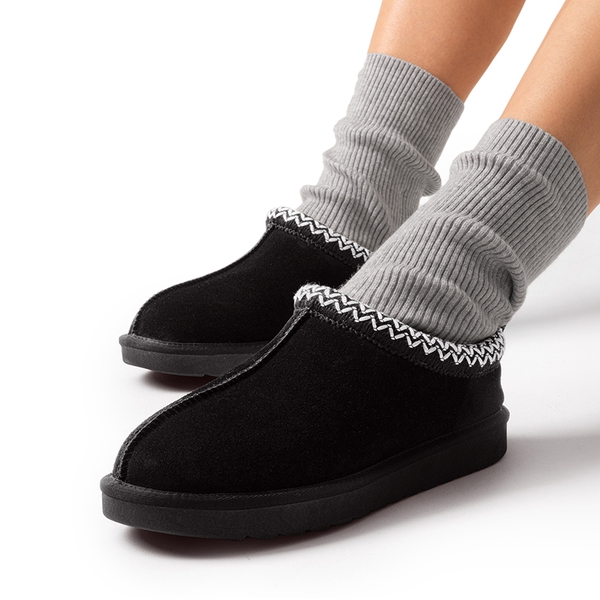 [FuzzyEasy Women's Slip-on] Embroidered Suede Fuzzy Cozy Slippers - BLACK - 1