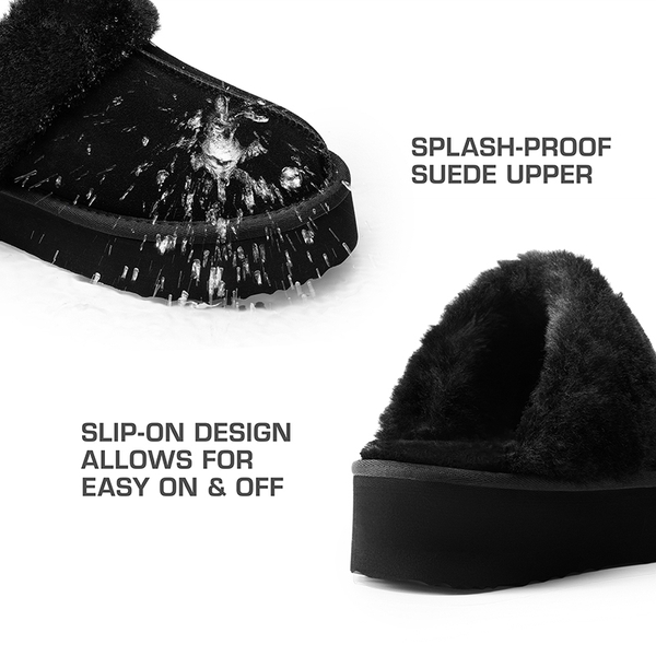 [FuzzyEasy Platform Slipper] Faux Fur Lining Platform Slippers - BLACK - 6