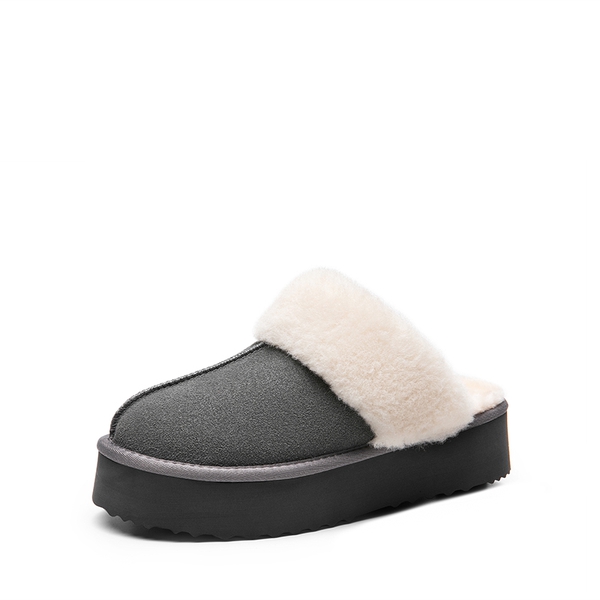 [FuzzyEasy Platform Slipper] Faux Fur Lining Platform Slippers - GREY -  0