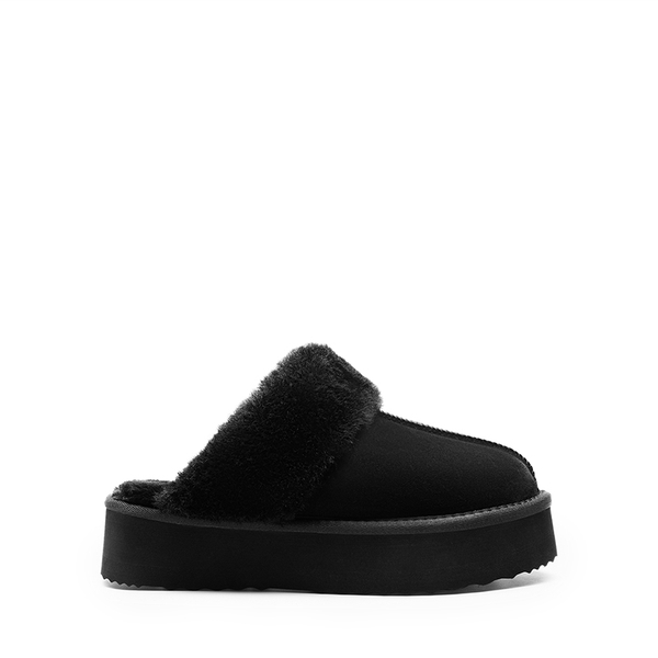 [FuzzyEasy Platform Slipper] Faux Fur Lining Platform Slippers - BLACK - 3