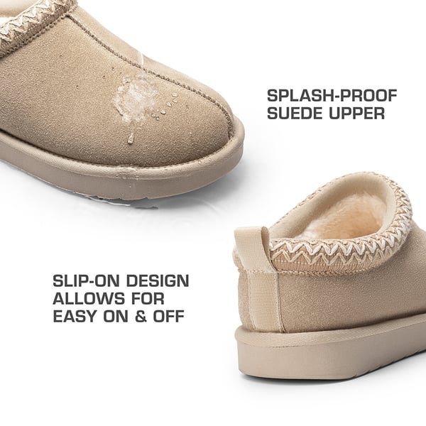 [FuzzyEasy Women's Slip-on] Embroidered Suede Fuzzy Cozy Slippers - SAND - 6