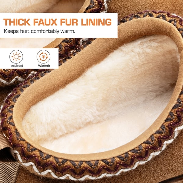[FuzzyEasy Women's Slip-on] Embroidered Suede Fuzzy Cozy Slippers - CHESTNUT - 8