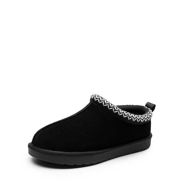 [FuzzyEasy Women's Slip-on] Embroidered Suede Fuzzy Cozy Slippers - BLACK -  0