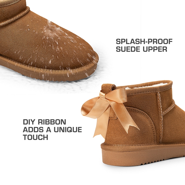 [FuzzyClassic Mini Boot] Splash-Proof Slip-On Suede Snow Boots - CHESTNUT - 6