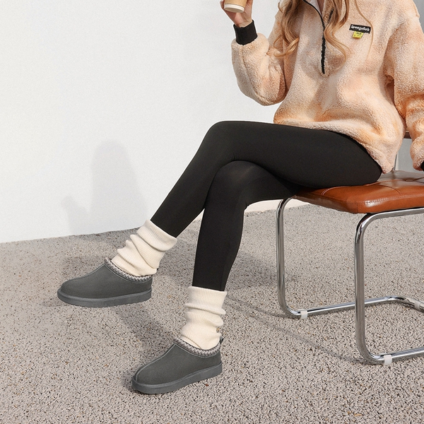 [FuzzyEasy Women's Slip-on] Embroidered Suede Fuzzy Cozy Slippers - GREY - 2