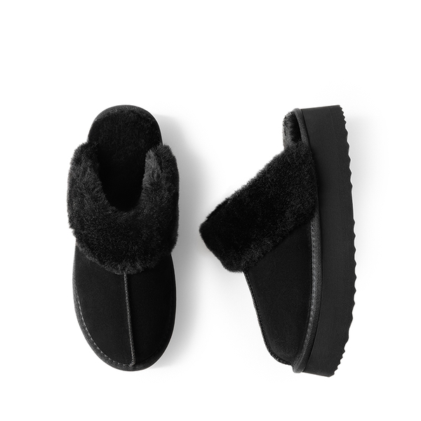 [FuzzyEasy Platform Slipper] Faux Fur Lining Platform Slippers - BLACK - 4