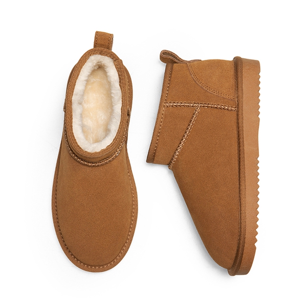 [FuzzyClassic Mini Boot] Splash-Proof Slip-On Suede Snow Boots - CHESTNUT - 4