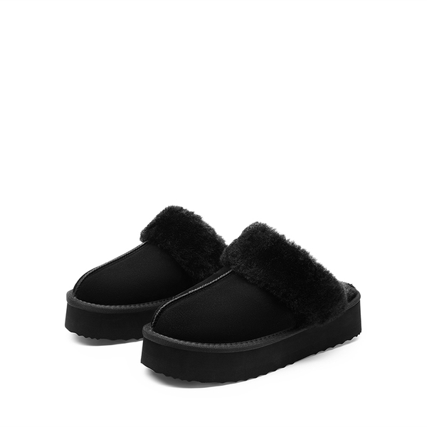 [FuzzyEasy Platform Slipper] Faux Fur Lining Platform Slippers - BLACK - 5