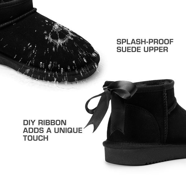 [FuzzyClassic Mini Boot] Splash-Proof Slip-On Suede Snow Boots - BLACK - 6