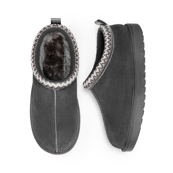 [FuzzyEasy Women's Slip-on] Embroidered Suede Fuzzy Cozy Slippers - GREY - 4