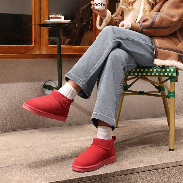 [FuzzyClassic Mini Boot] Splash-Proof Slip-On Suede Snow Boots - RED - 2