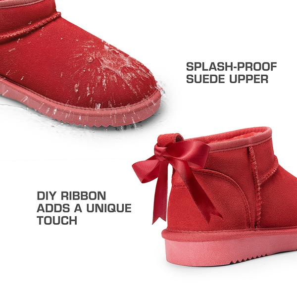[FuzzyClassic Mini Boot] Splash-Proof Slip-On Suede Snow Boots - RED - 6