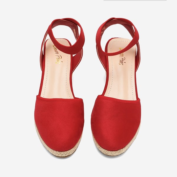 Ankle Strap Closed-Toe Espadrille Wedge Sandals - RED - 2