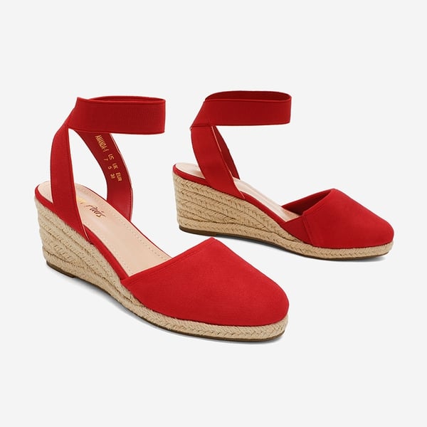 Ankle Strap Closed-Toe Espadrille Wedge Sandals - RED - 3