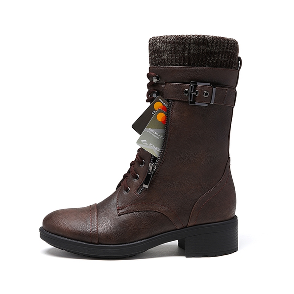 Winter Mid Calf Riding Boots - BURGUNDY - 1