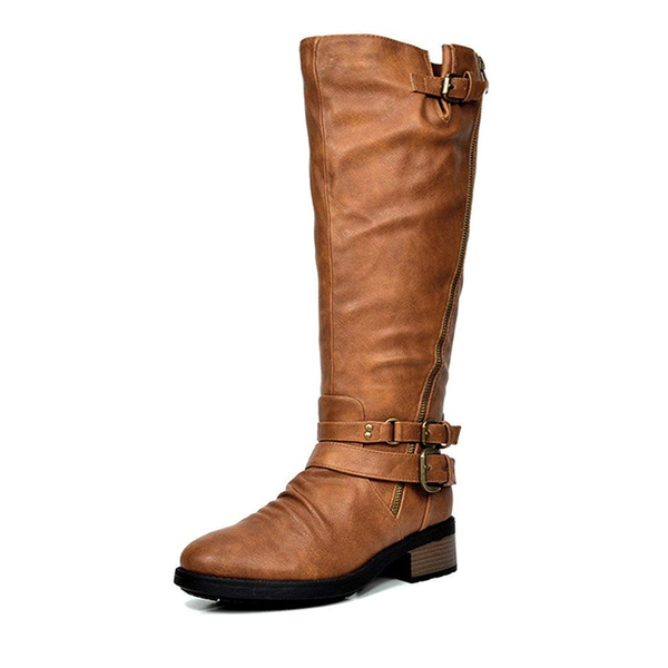 Women's Knee-High Buckled Riding Boots - CAMEL -  0