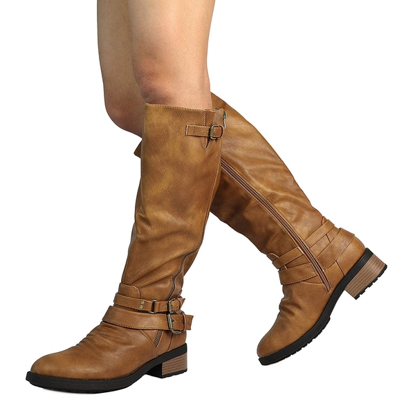 Women's Knee-High Buckled Riding Boots - CAMEL - 1
