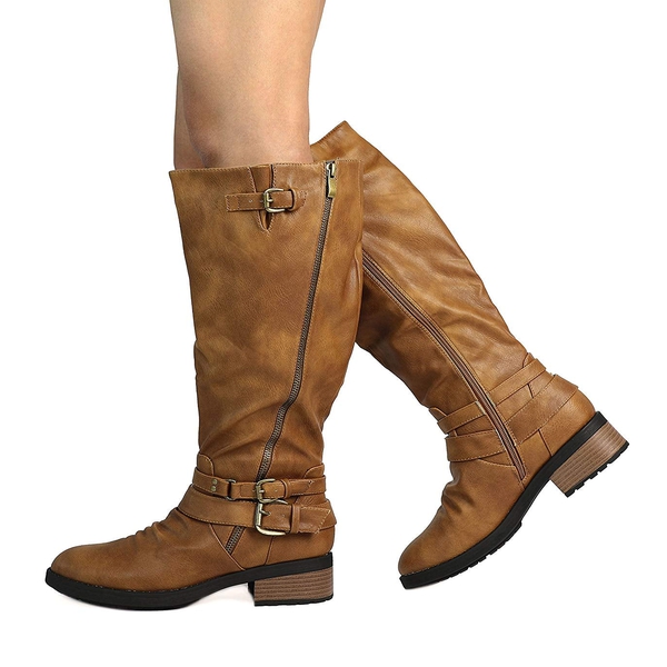 Women's Knee-High Buckled Riding Boots - CAMEL - 2