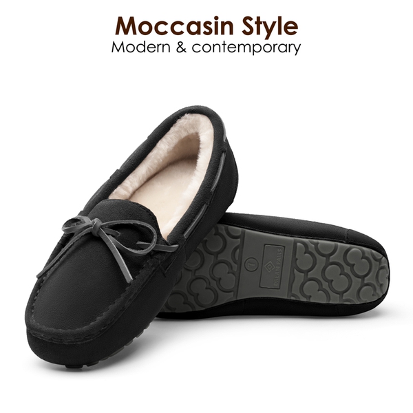 Moccasin Slippers with Faux Fur - BLACK - 2
