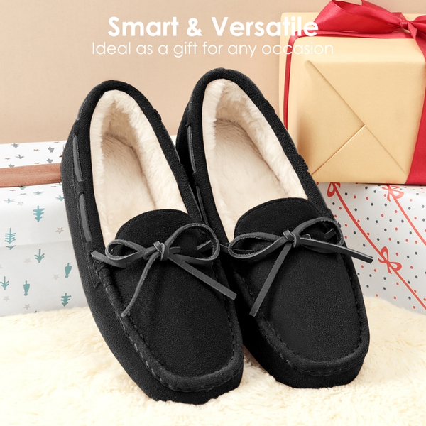 Moccasin Slippers with Faux Fur - BLACK - 3