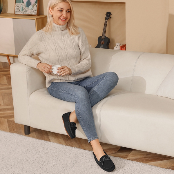 Moccasin Slippers with Faux Fur - BLACK - 4