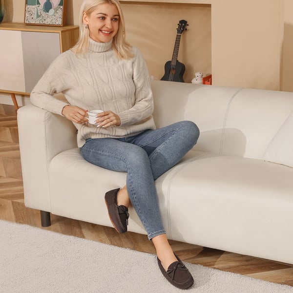 Moccasin Slippers with Faux Fur - BROWN - 4