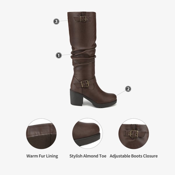 Chunky Heel Knee High Boots - BROWN - 4
