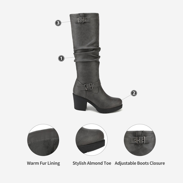 Chunky Heel Knee High Boots - GREY - 4