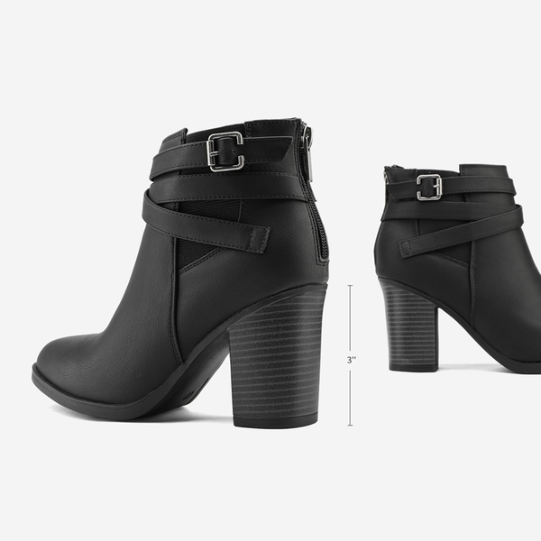 Stacked Mid Heel Chunky Ankle Booties - BLACK - 1